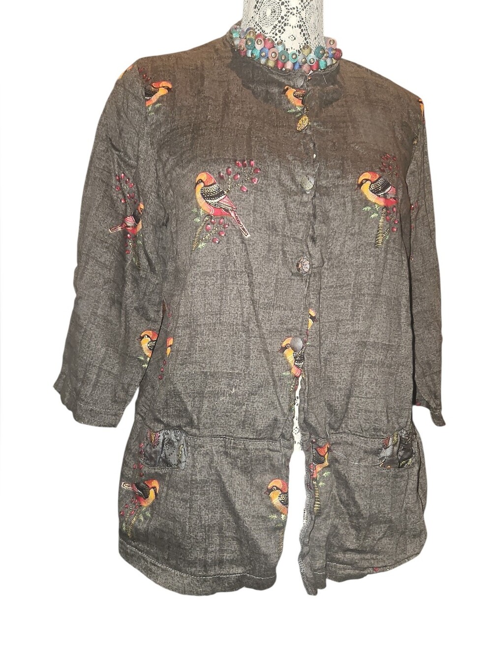 Cotton Embroidered Bird Detail Dark Gray Top